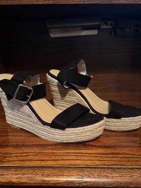 Women's Black Espadrille Wedge Sandals with Ankle Buckle